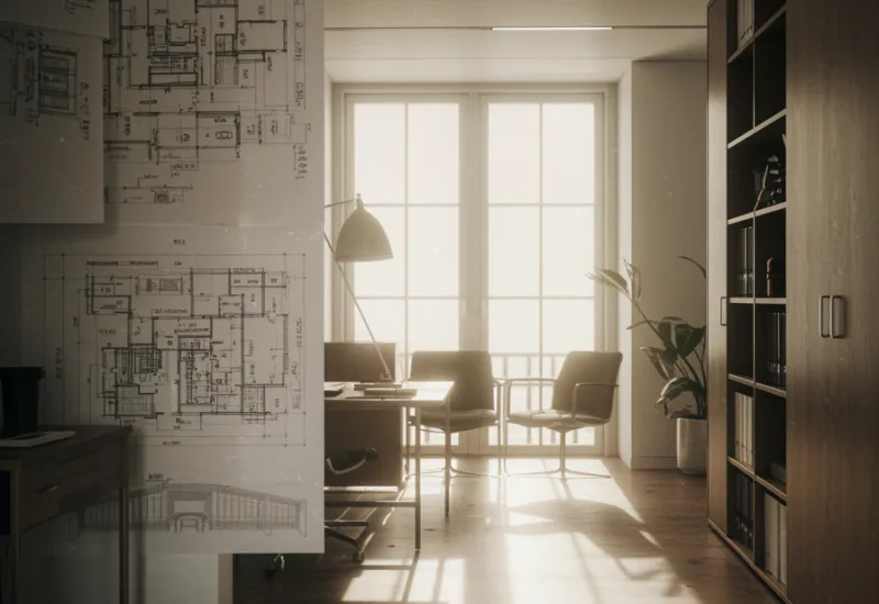 img nosotros 3 "Imagen digital de un elegante espacio de oficina arquitectónica iluminado por luz natural, con planos detallados y elementos de diseño sofisticados que reflejan innovación y atención personalizada."