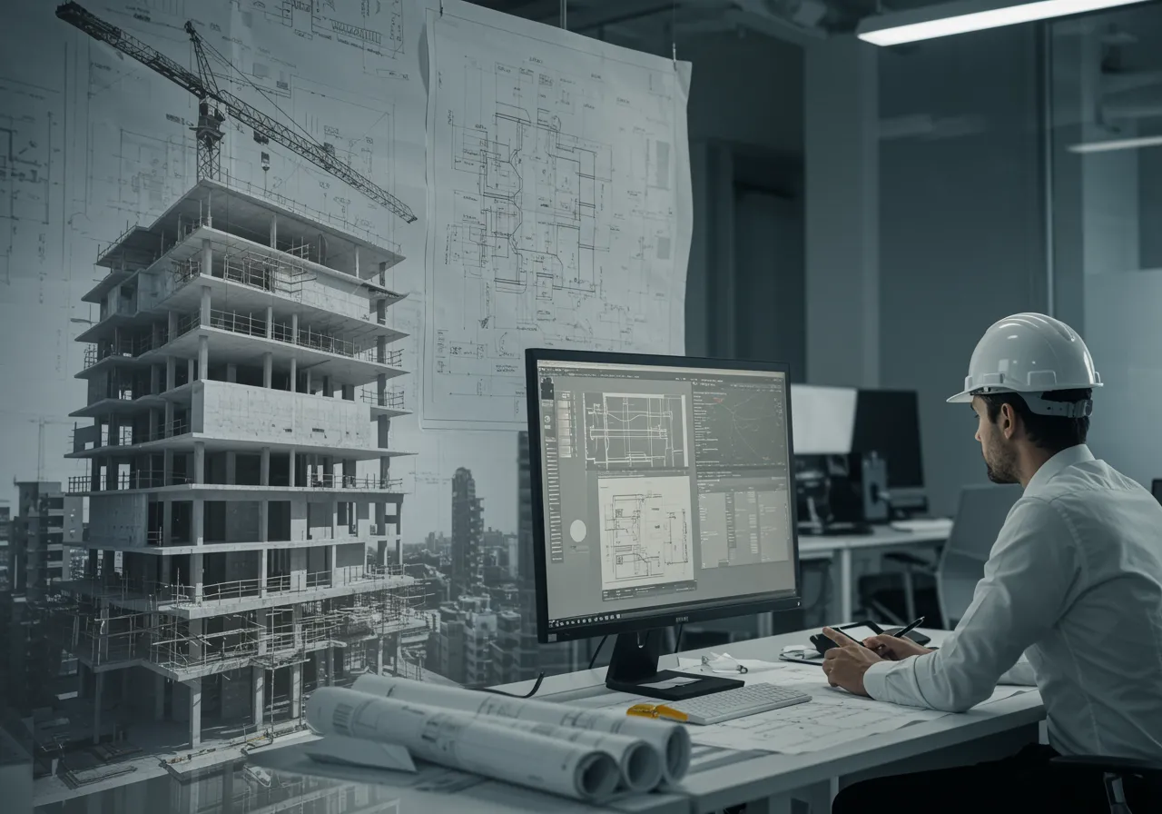 img seccion diferencia "Arquitecto revisando planos digitales de un moderno edificio en construcción, destacando innovación y precisión en proyectos arquitectónicos."