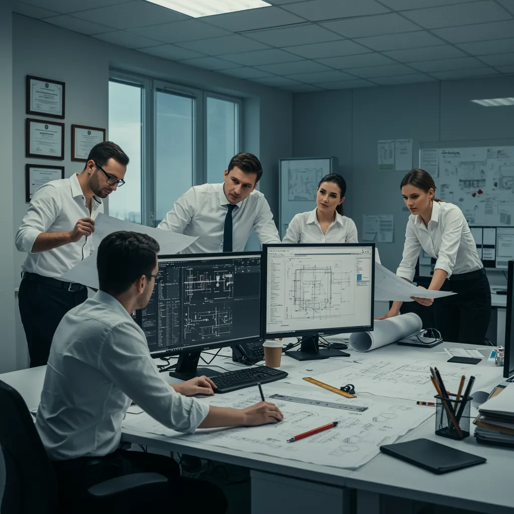 img seccion serviciosRecurso 9 100 "Oficina moderna con equipo de profesionales en gestión de proyectos de arquitectura, rodeados de planos y herramientas digitales, transmitiendo confianza y experiencia."