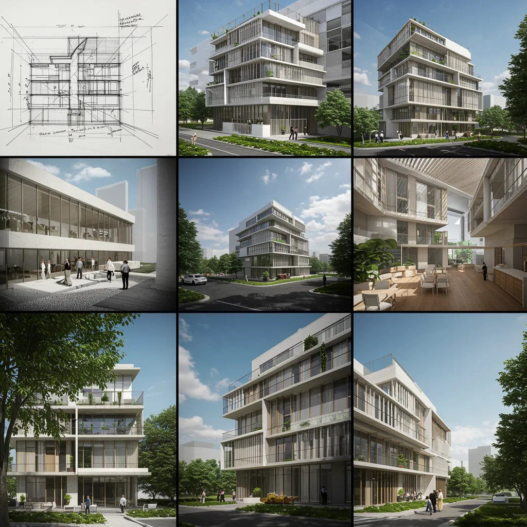 proyecto 1 "Collage visual que integra bocetos arquitectónicos, planos precisos y renderizados 3D, resaltando la fusión de creatividad y técnica en el diseño de proyectos arquitectónicos modernos."