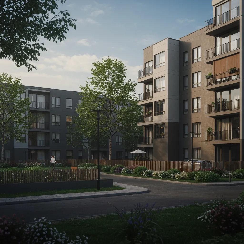 proyecto 3 "Representación contemporánea de proyectos arquitectónicos residenciales en un entorno urbano, destacando un complejo de apartamentos moderno con formas geométricas y paisajismo armonioso."