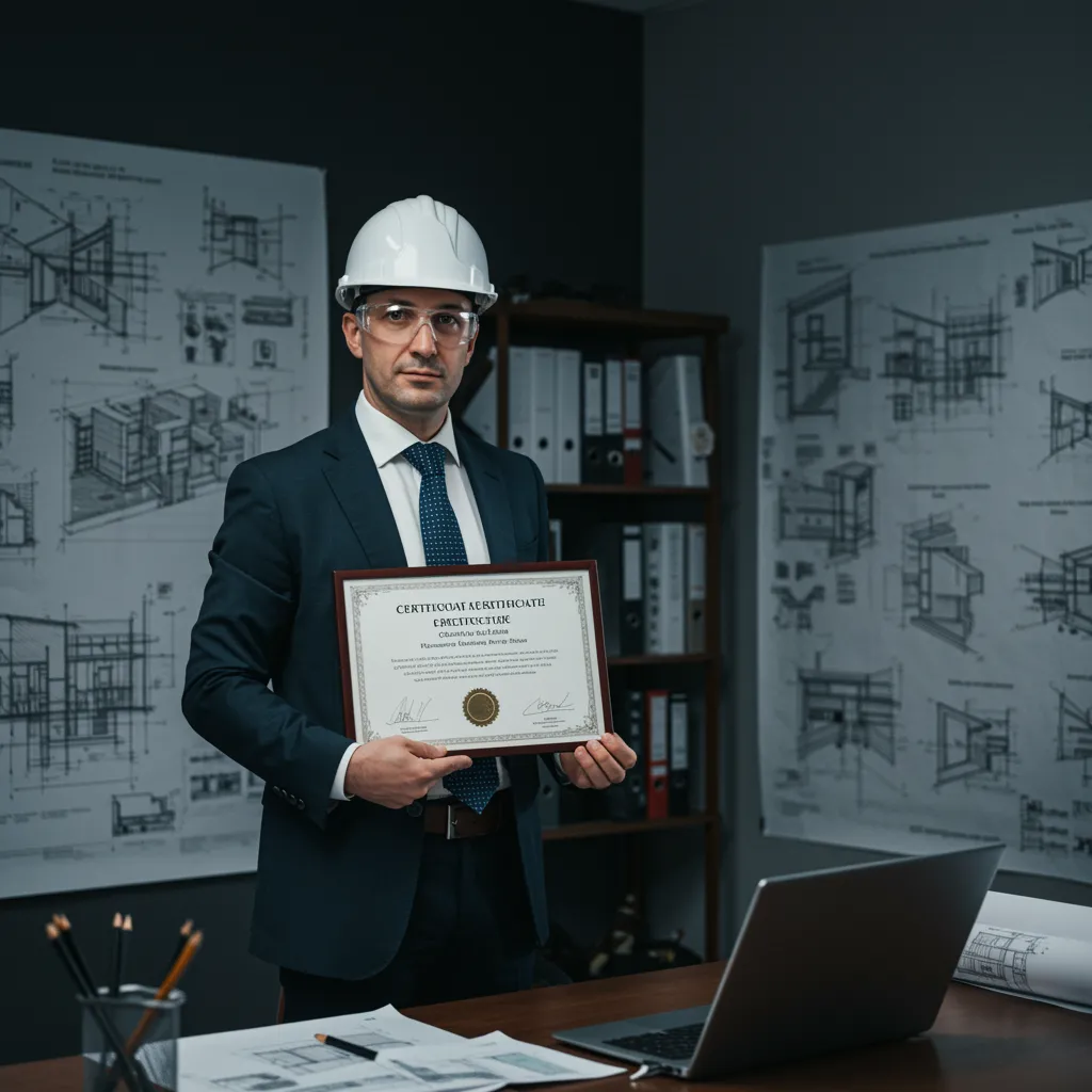 servicio arquitectura legal 2 "Arquitecto en oficina contemporánea sosteniendo certificado profesional, rodeado de planos y bocetos, transmitiendo elegancia y credibilidad en el diseño arquitectónico."