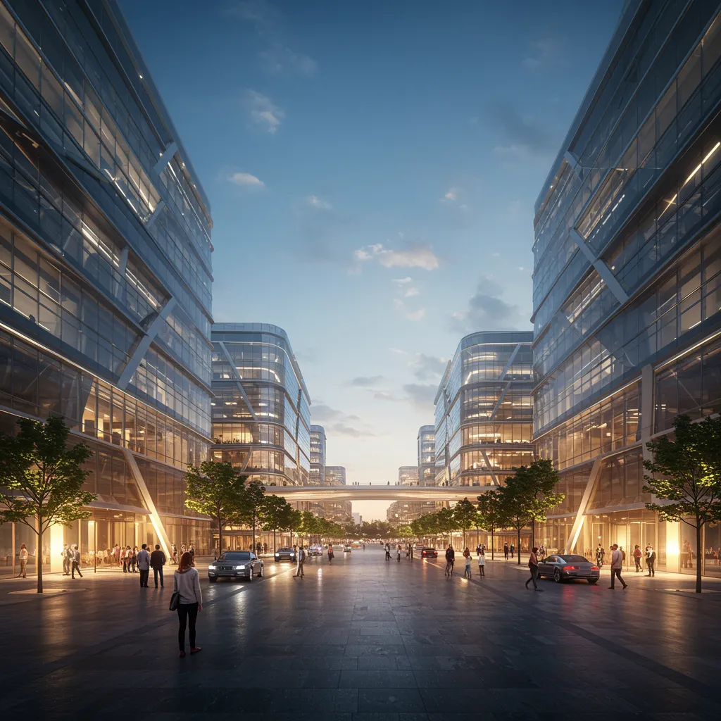 servicio edificacion 2 "Visualización arquitectónica futurista de un complejo urbano moderno con estructuras de vidrio y acero, mostrando un diseño innovador y ambicioso bajo un cielo azul claro."