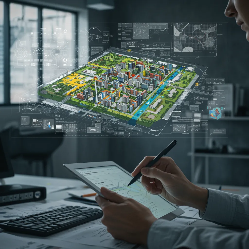 servicio urbanismo 2 "Plano urbano futurista con diseño detallado y un urbanista utilizando una tablet en un estudio moderno."